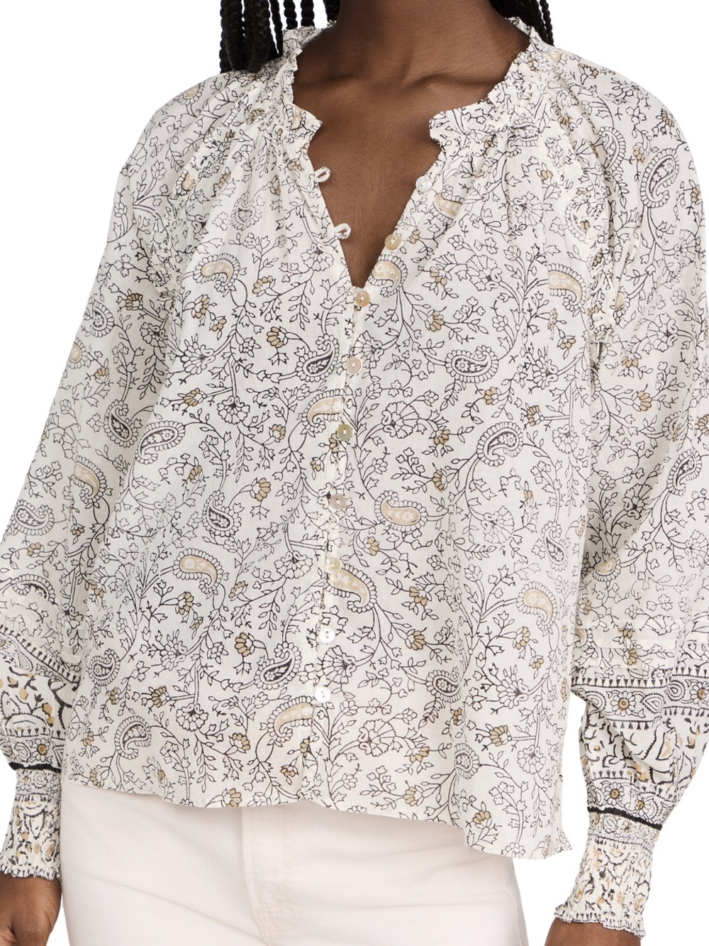 Cleobella Ivy Blouse Paisley Ivory Organic Cotton Small Ruffled Collar